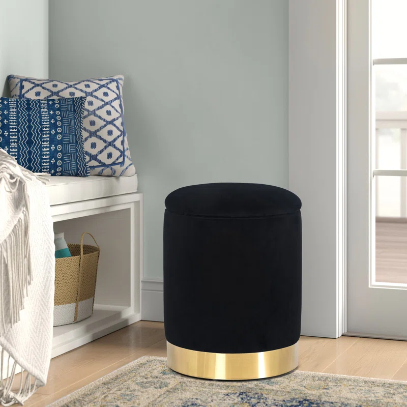 Velvet Rounded Shape Storage Ottoman with Golden Metal Finish