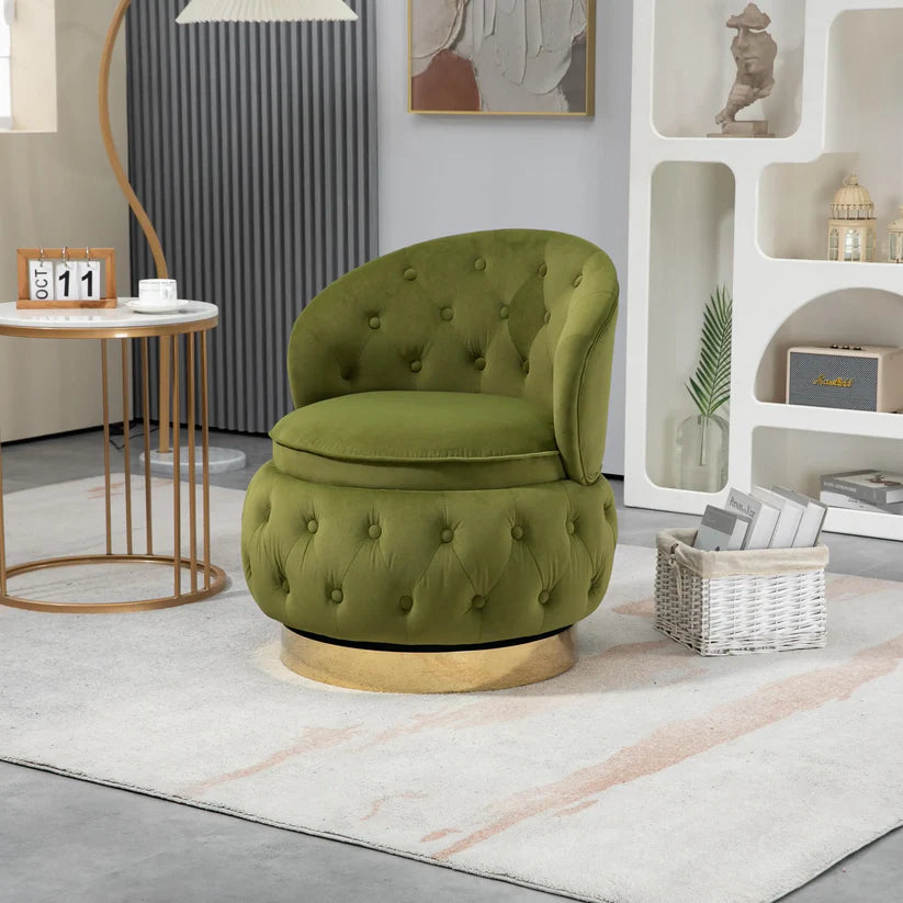 Velvet Swivel Ottoman Sofa Chair with Green Tufted Back and Gold-Plated Base