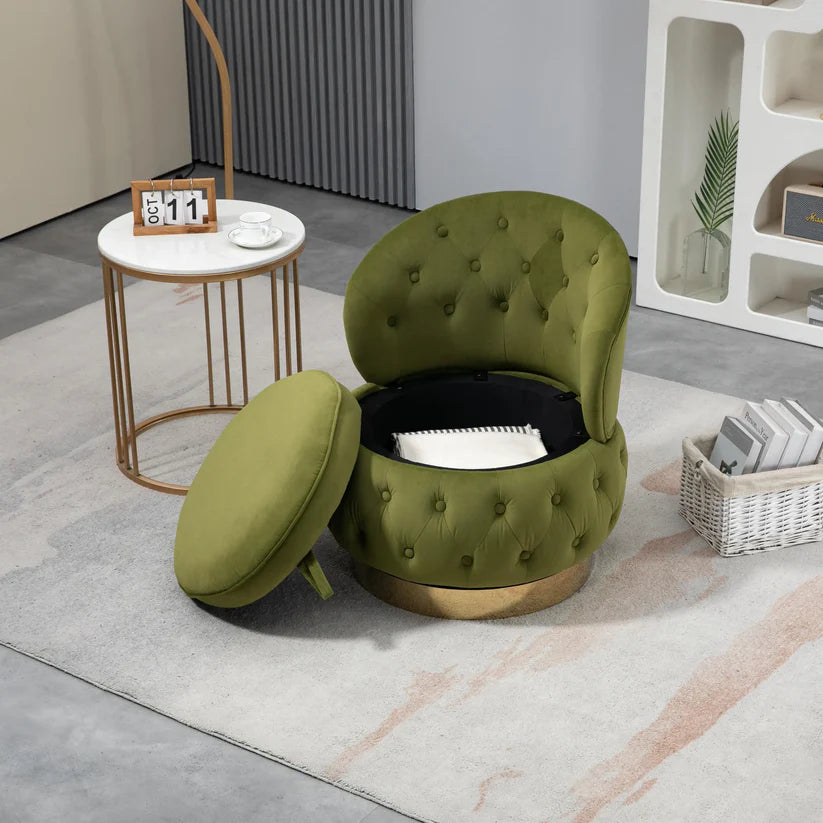 Velvet Swivel Ottoman Sofa Chair with Green Tufted Back and Gold-Plated Base