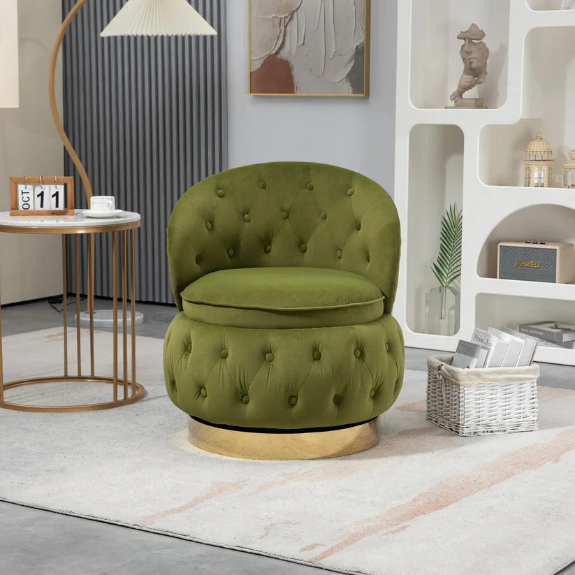 Velvet Swivel Ottoman Sofa Chair with Green Tufted Back and Gold-Plated Base