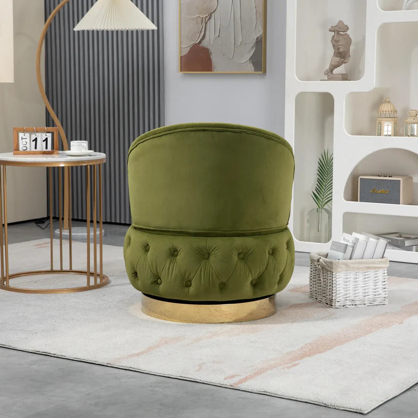 Velvet Swivel Ottoman Sofa Chair with Green Tufted Back and Gold-Plated Base
