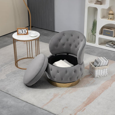 Velvet Swivel Ottoman Sofa Chair with Grey Tufted Back and Gold-Plated Base
