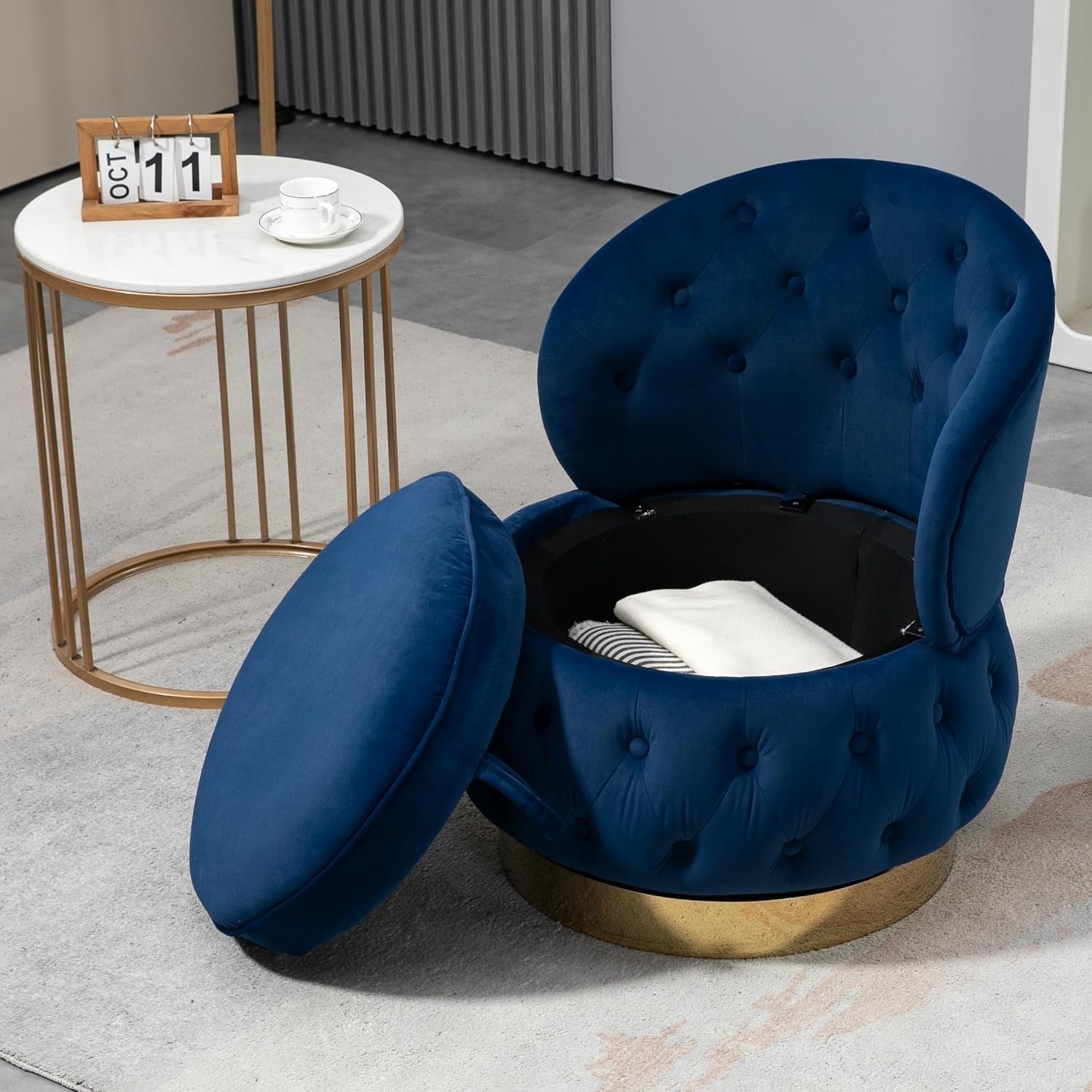 Velvet Swivel Ottoman Sofa Chair with Rich Blue Tufted Back and Gold-Plated Base