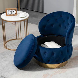 Velvet Swivel Ottoman Sofa Chair with Rich Blue Tufted Back and Gold-Plated Base