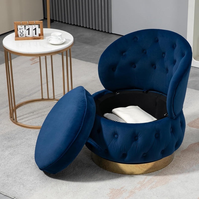 Velvet Swivel Ottoman Sofa Chair with Rich Blue Tufted Back and Gold-Plated Base