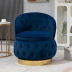 Velvet Swivel Ottoman Sofa Chair with Rich Blue Tufted Back and Gold-Plated Base