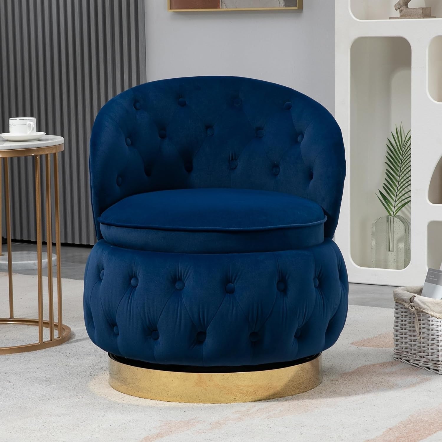Velvet Swivel Ottoman Sofa Chair with Rich Blue Tufted Back and Gold-Plated Base