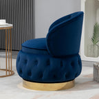 Velvet Swivel Ottoman Sofa Chair with Rich Blue Tufted Back and Gold-Plated Base
