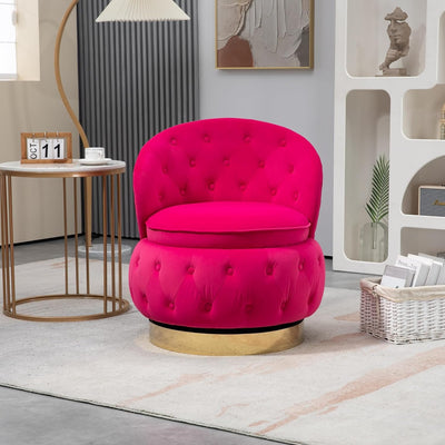 Velvet Swivel Ottoman Sofa Chair with Rich Pink Tufted Back and Gold-Plated Base