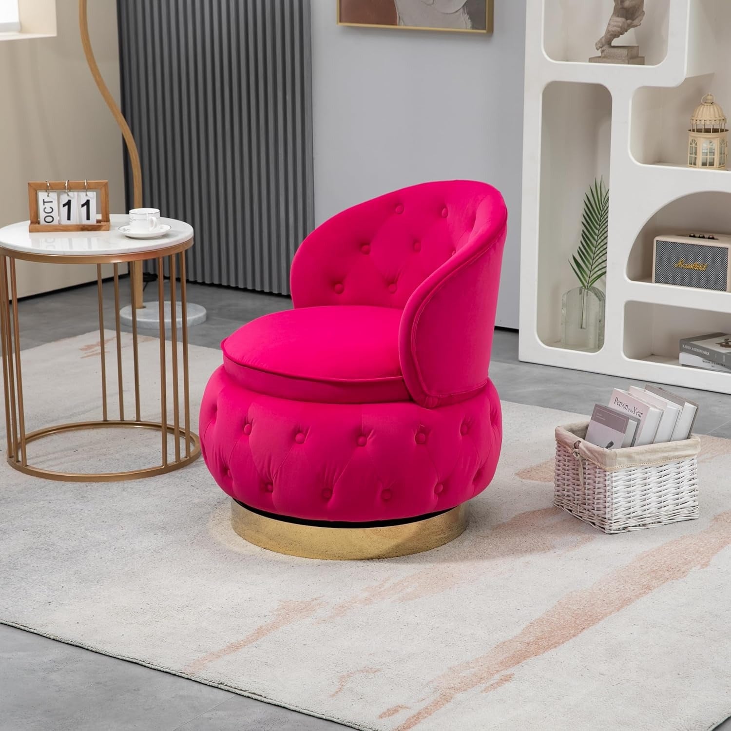Velvet Swivel Ottoman Sofa Chair with Rich Pink Tufted Back and Gold-Plated Base