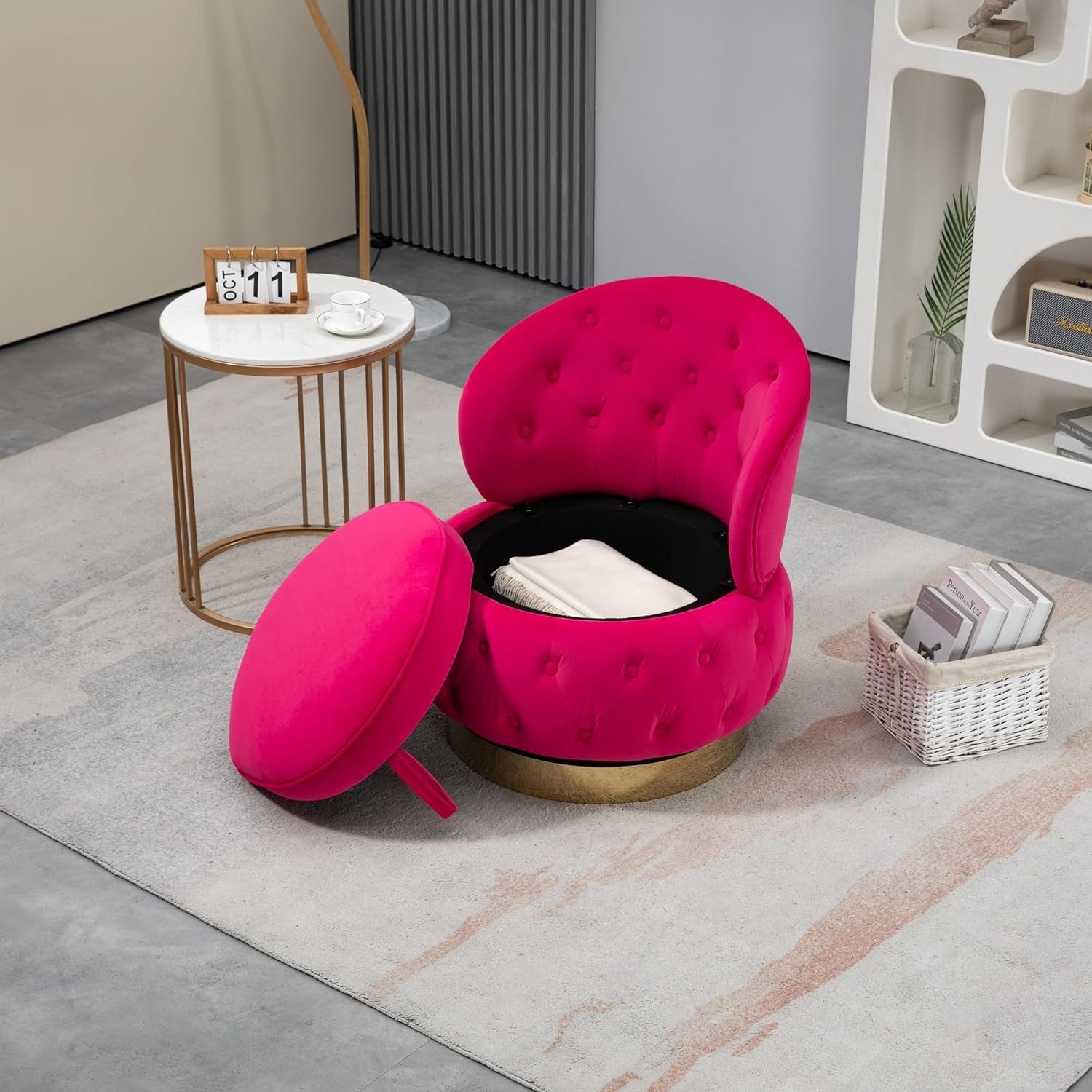 Velvet Swivel Ottoman Sofa Chair with Rich Pink Tufted Back and Gold-Plated Base