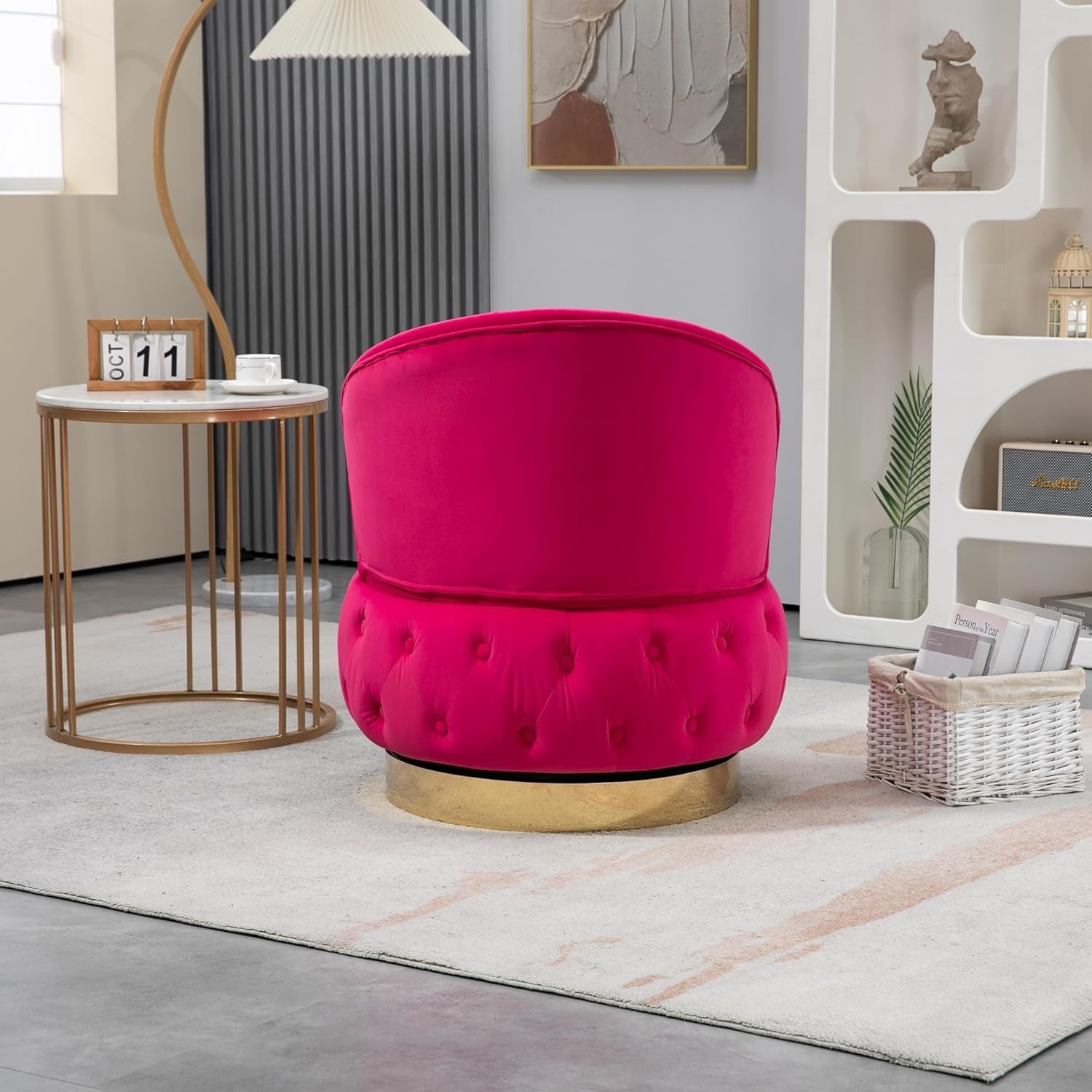 Velvet Swivel Ottoman Sofa Chair with Rich Pink Tufted Back and Gold-Plated Base