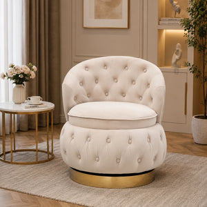 Velvet Swivel Ottoman Sofa Chair with White Tufted Back and Gold-Plated Base