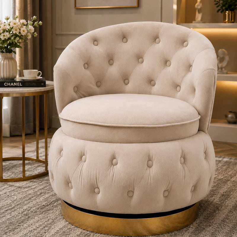 Velvet Swivel Ottoman Sofa Chair with White Tufted Back and Gold-Plated Base