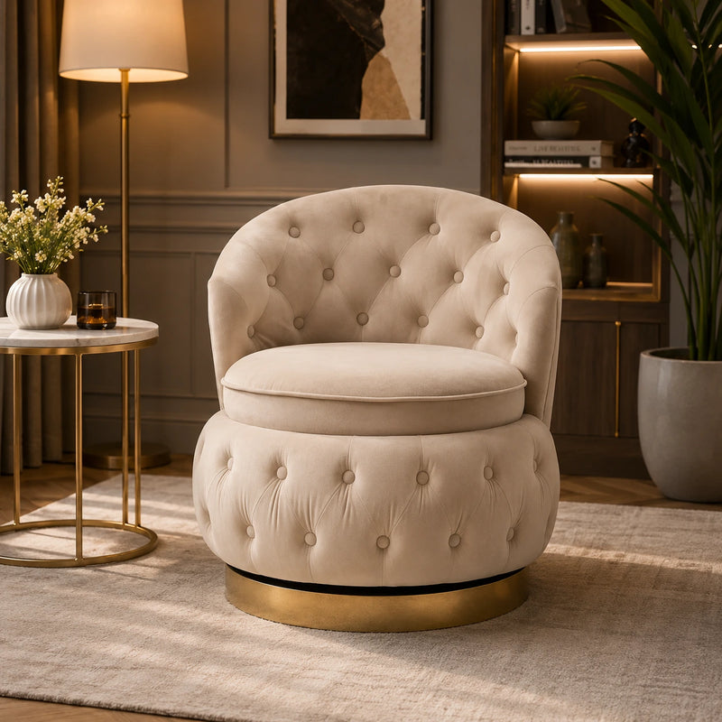 Velvet Swivel Ottoman Sofa Chair with White Tufted Back and Gold-Plated Base