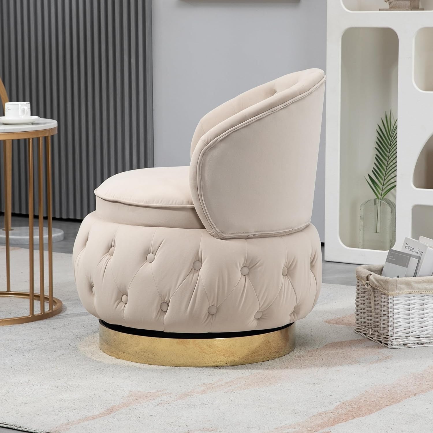 Velvet Swivel Ottoman Sofa Chair with White Tufted Back and Gold-Plated Base