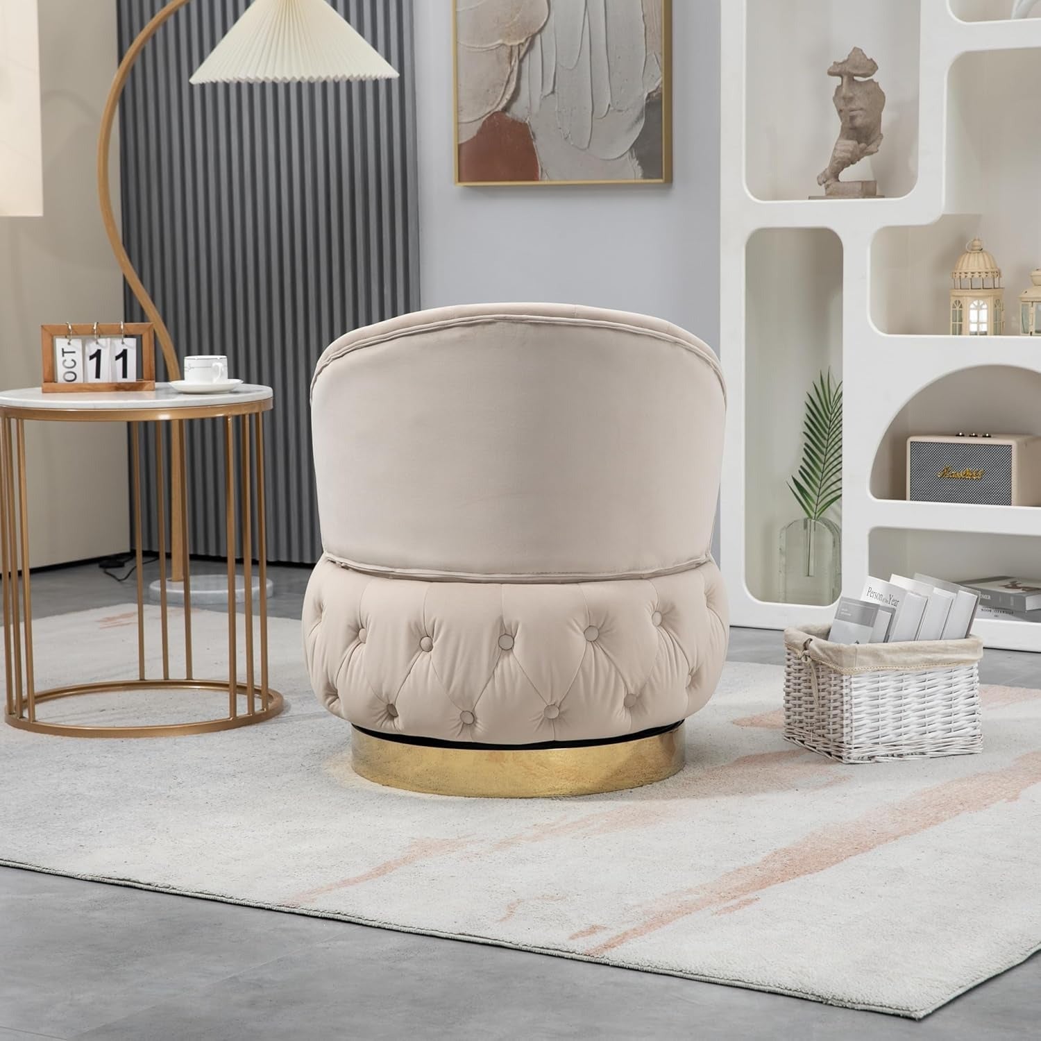 Velvet Swivel Ottoman Sofa Chair with White Tufted Back and Gold-Plated Base