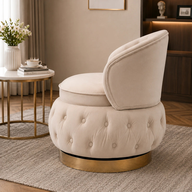 Velvet Swivel Ottoman Sofa Chair with White Tufted Back and Gold-Plated Base