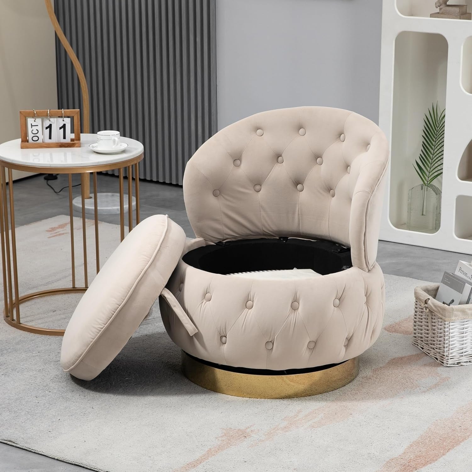 Velvet Swivel Ottoman Sofa Chair with White Tufted Back and Gold-Plated Base