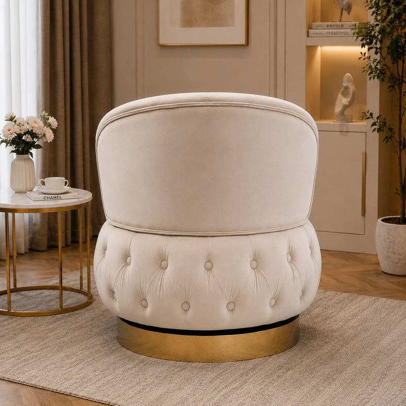 Velvet Swivel Ottoman Sofa Chair with White Tufted Back and Gold-Plated Base