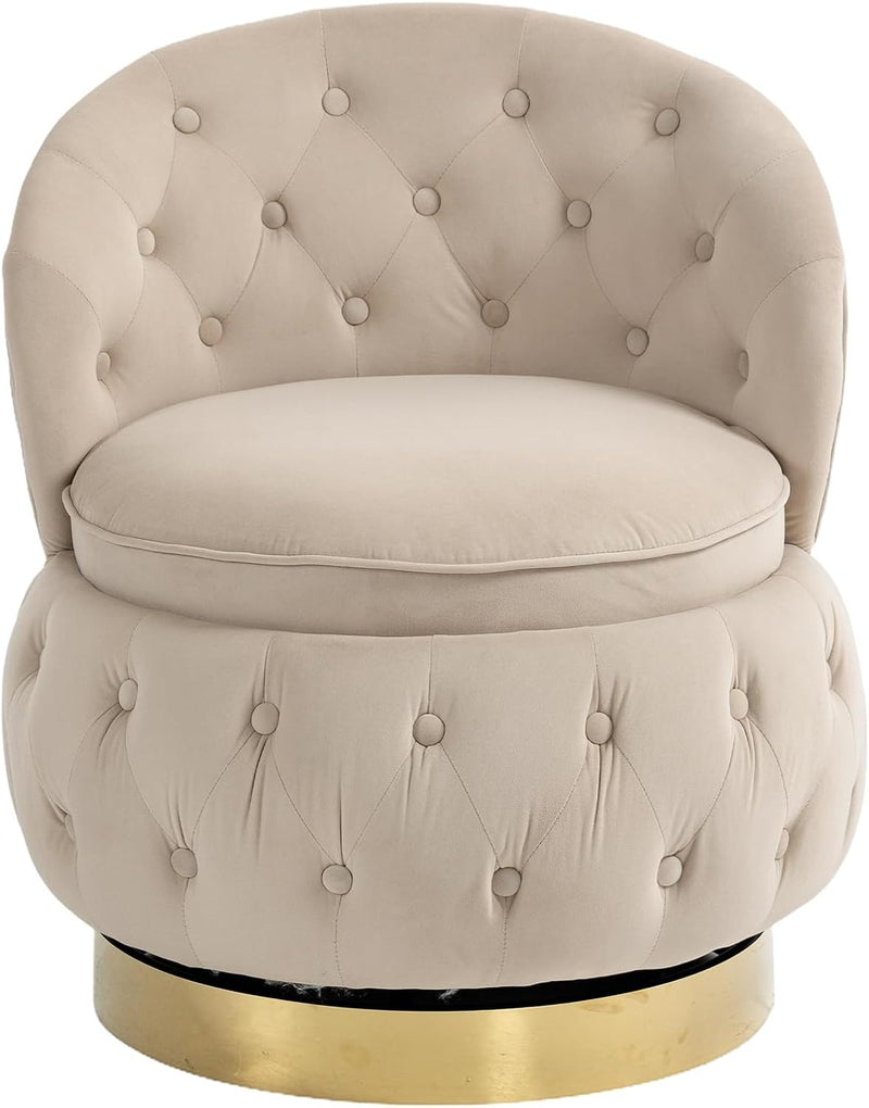 Velvet Swivel Ottoman Sofa Chair with White Tufted Back and Gold-Plated Base