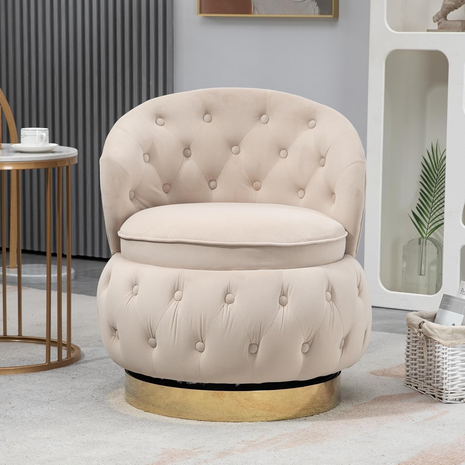 Velvet Swivel Ottoman Sofa Chair with White Tufted Back and Gold-Plated Base