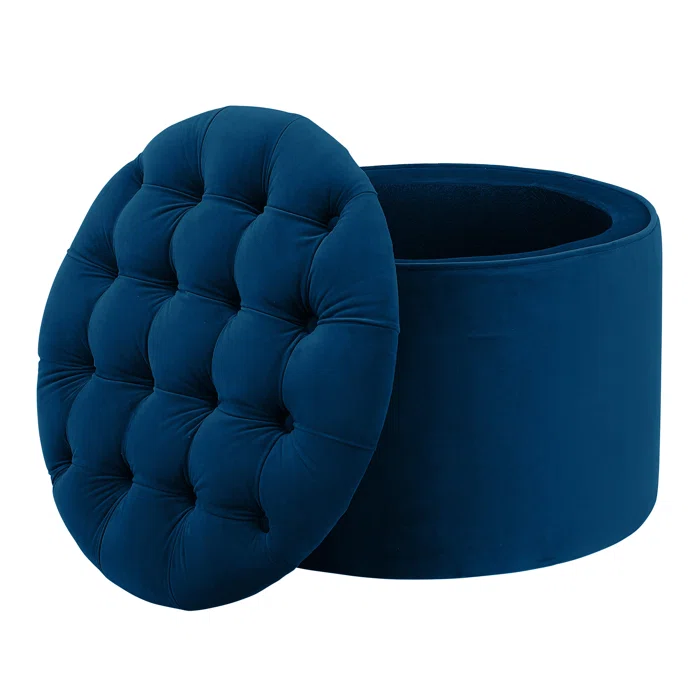 Velvet Tufted Blue Rounded Shaped Storage Ottoman