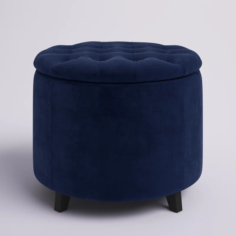 Velvet Tufted Royal Blue Rounded Shaped Storage Ottoman