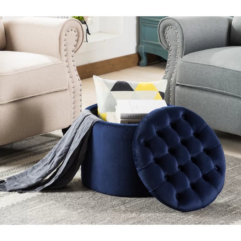 Velvet Tufted Royal Blue Rounded Shaped Storage Ottoman