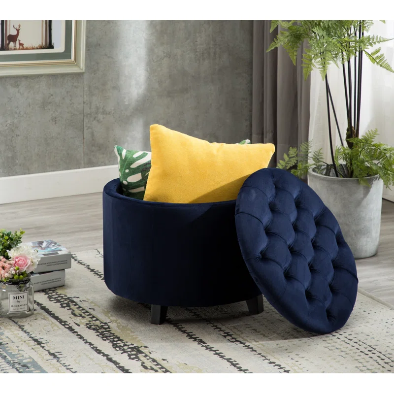 Velvet Tufted Royal Blue Rounded Shaped Storage Ottoman