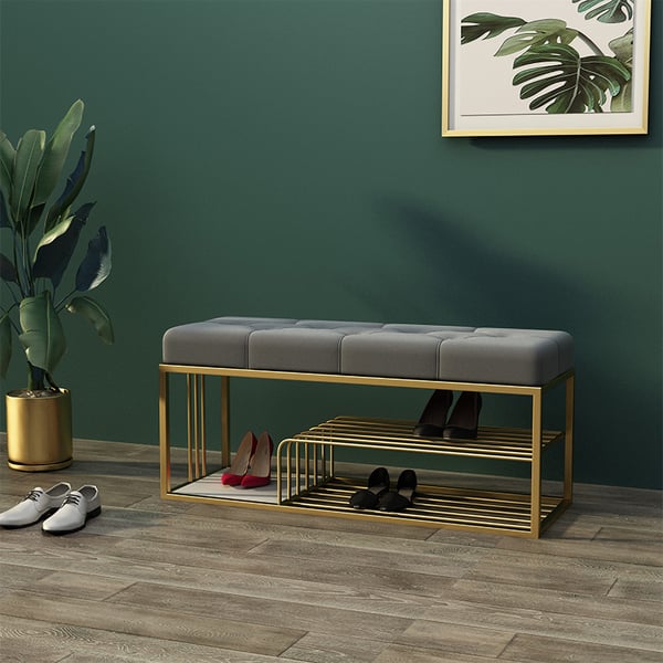 Velvet Upholstered Luxurious Golden Shoe Rack Bench Organizer
