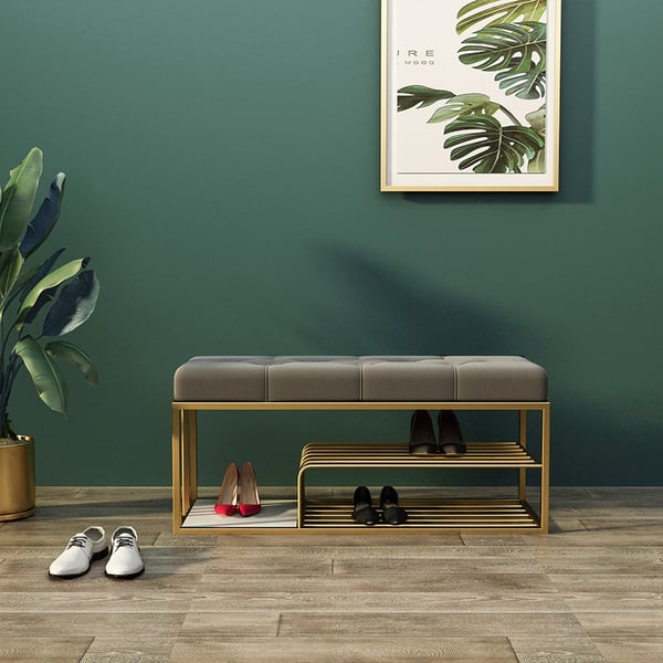 Velvet Upholstered Luxurious Golden Shoe Rack Bench Organizer