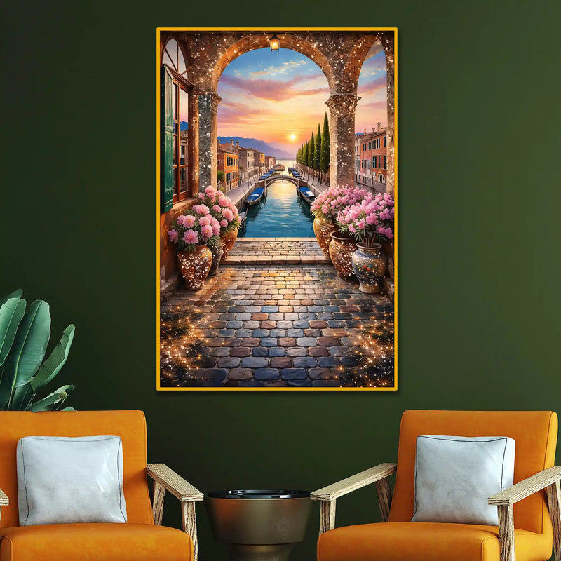 Venice Canal Sunset Metal Floating Frame Crystal Wall Painting