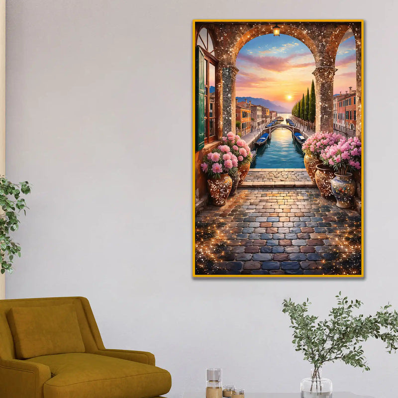 Venice Canal Sunset Metal Floating Frame Crystal Wall Painting