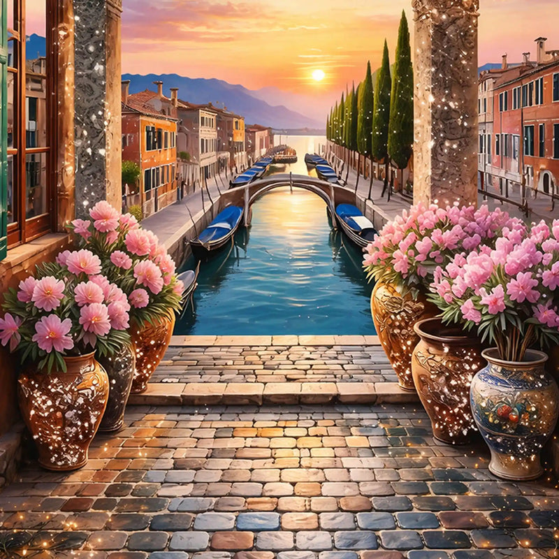 Venice Canal Sunset Metal Floating Frame Crystal Wall Painting
