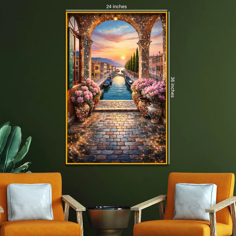 Venice Canal Sunset Metal Floating Frame Crystal Wall Painting