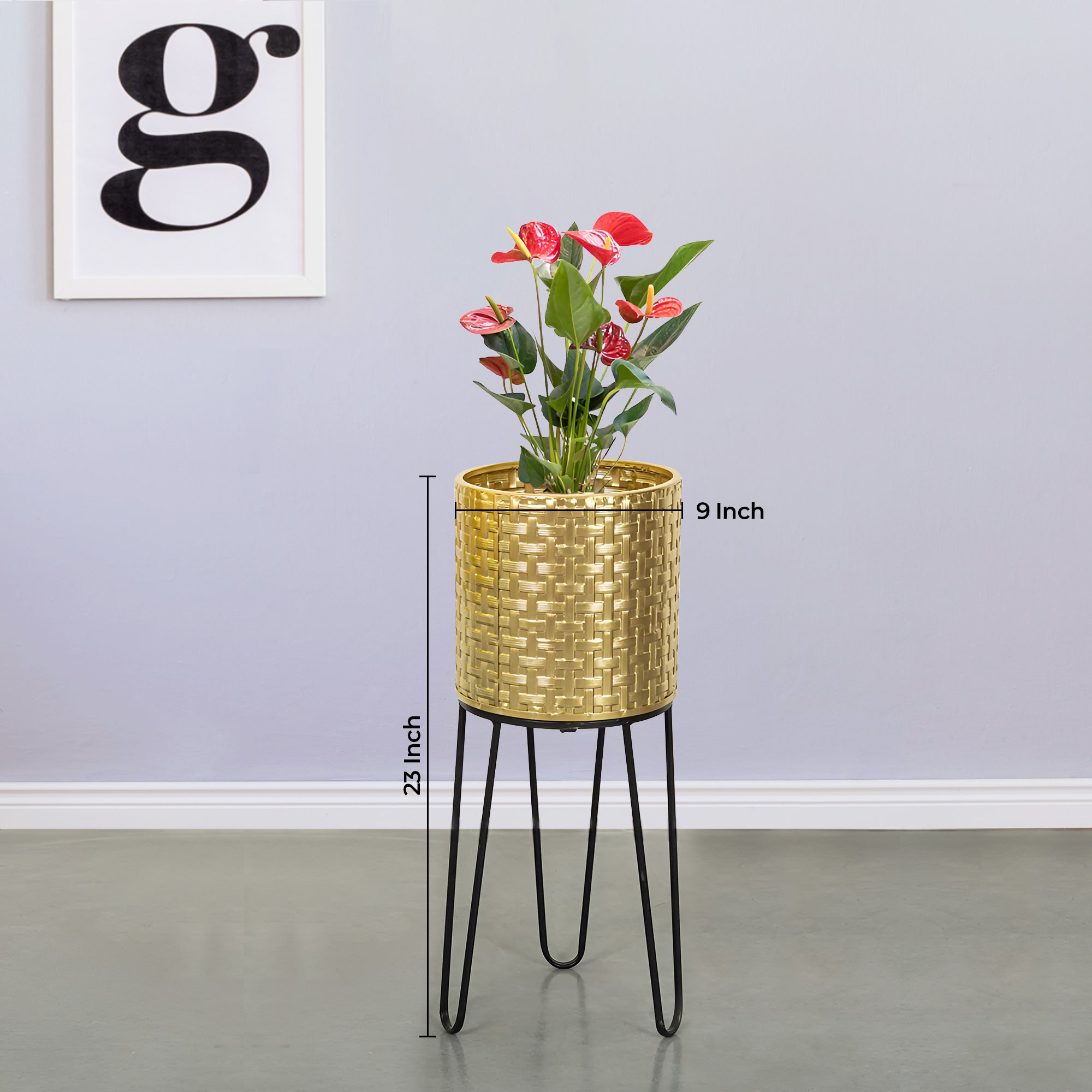 Verdant Oasis Black Stand & Golden Finish Pot  - Medium Size Planter