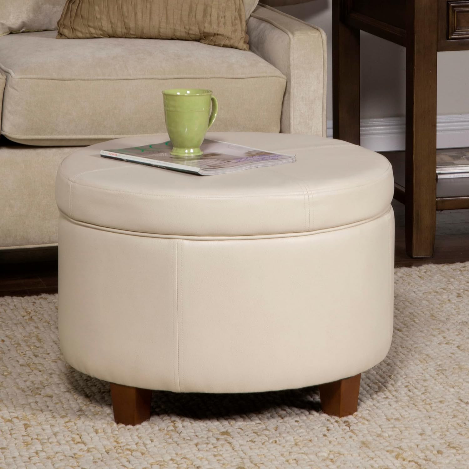 Versatile Round Ottoman in Soft Cream Fabric