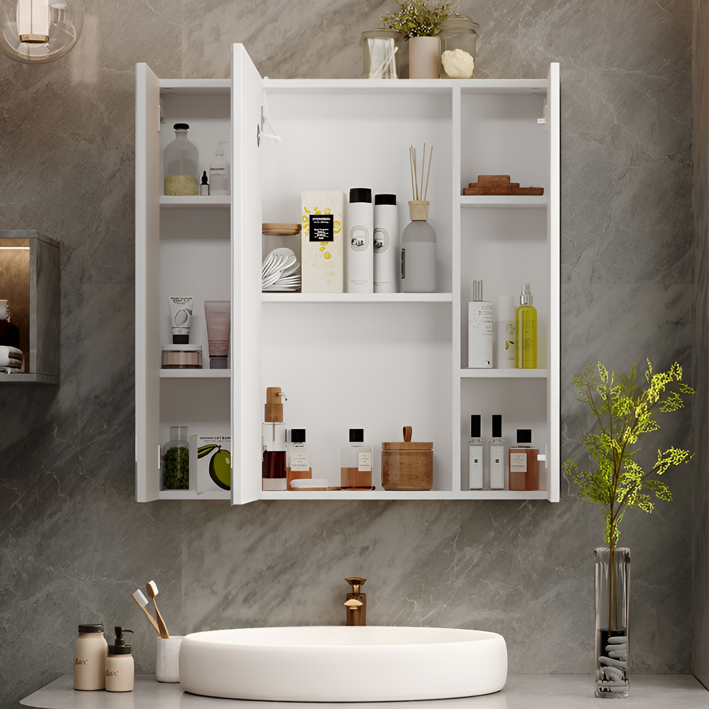 Vertical LED Light Mirror Cabinet with Touch Sensor & Soft Close Doors