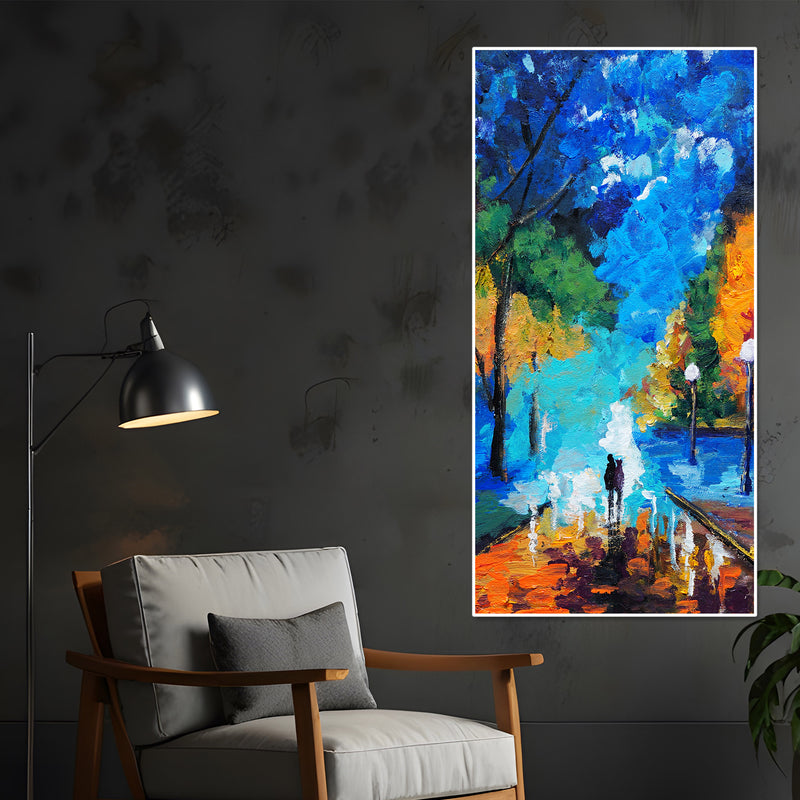 Vertical Wall Painting of Couple Walking in Night