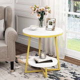 2 Tier Faux White Marble Side Table with with Golden Finish Storage Shelf