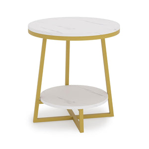 2 Tier Faux White Marble Side Table with with Golden Finish Storage Shelf