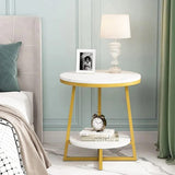 2 Tier Faux White Marble Side Table with with Golden Finish Storage Shelf