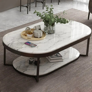 2-Tiered Modern Marble Center Table with Shelf Metal Frame