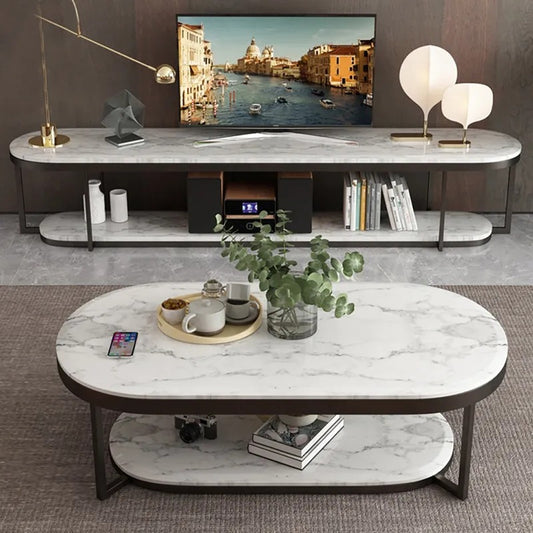 2-Tiered Modern Marble Center Table with Shelf Metal Frame