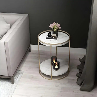 2 Tiered with Gold End Faux Marble Side Table