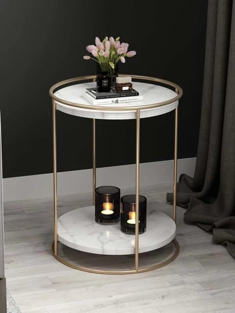 2 Tiered with Gold End Faux Marble Side Table