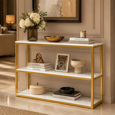 3-Tier White Marble Console Table with Golden Finish