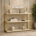 3-Tier White Marble Console Table with Golden Finish