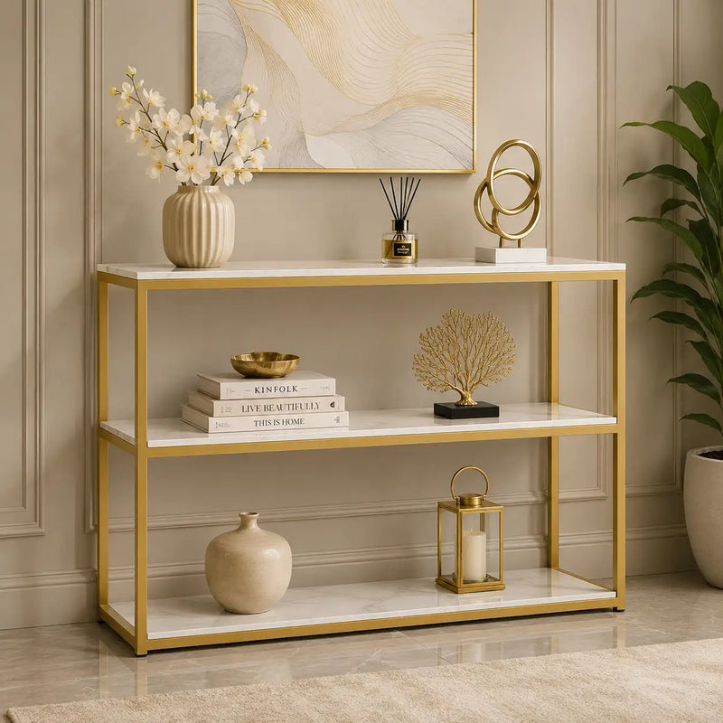 3-Tier White Marble Console Table with Golden Finish